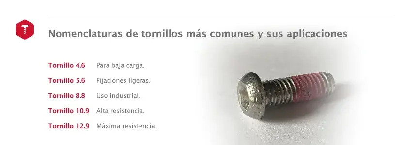 Tornillo con rosca y recubrimiento rojo, tabla de nomenclaturas y aplicaciones de tornillos.