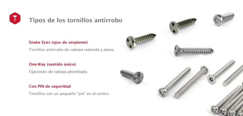 Tipos de tornillos antirrobo como Snake Eyes, One-Way y con pin de seguridad